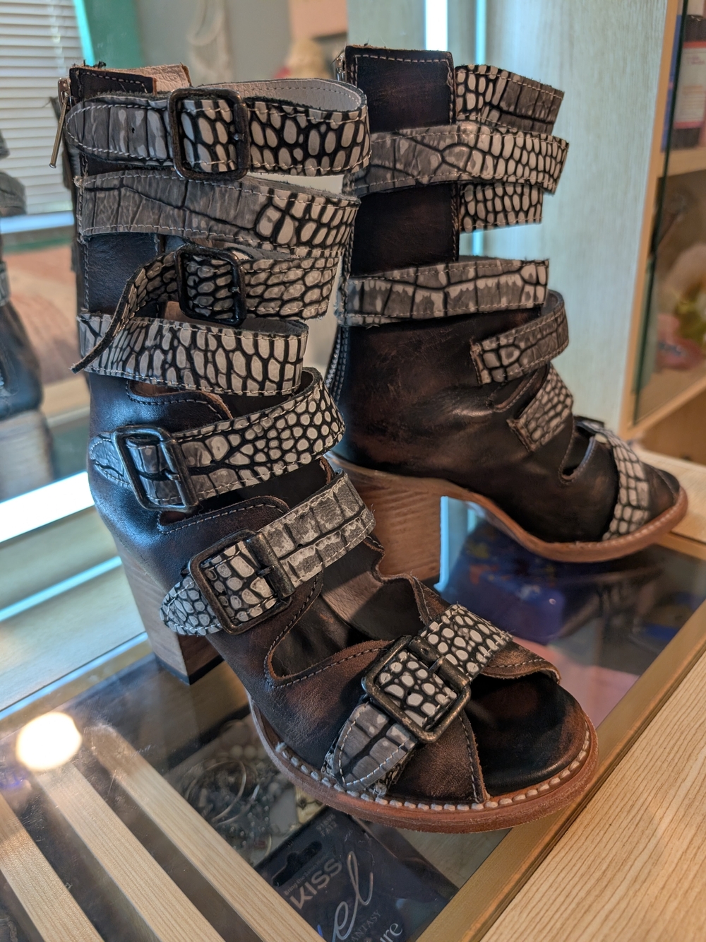 Freebird Bond Black and Gray Croc-Pattern Buckle Ankle Booties